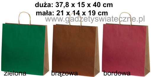 Torba z papieru z recyklingu, gramatura 120g/mkw; kolor: zielono-naturalny, brązowo-naturalny, bordowo-naturalny